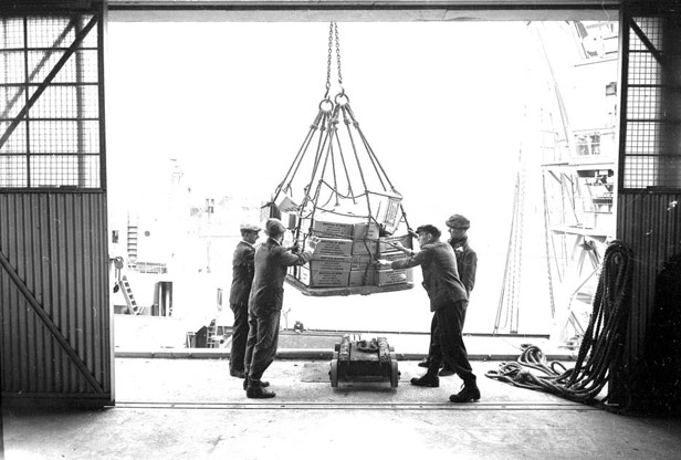 Discharging condensed milk at Princes East Wharf, April 1952