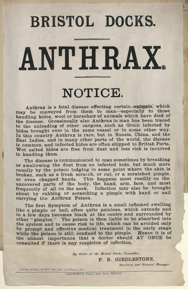 Bristol Docks 1800s Anthrax Notice