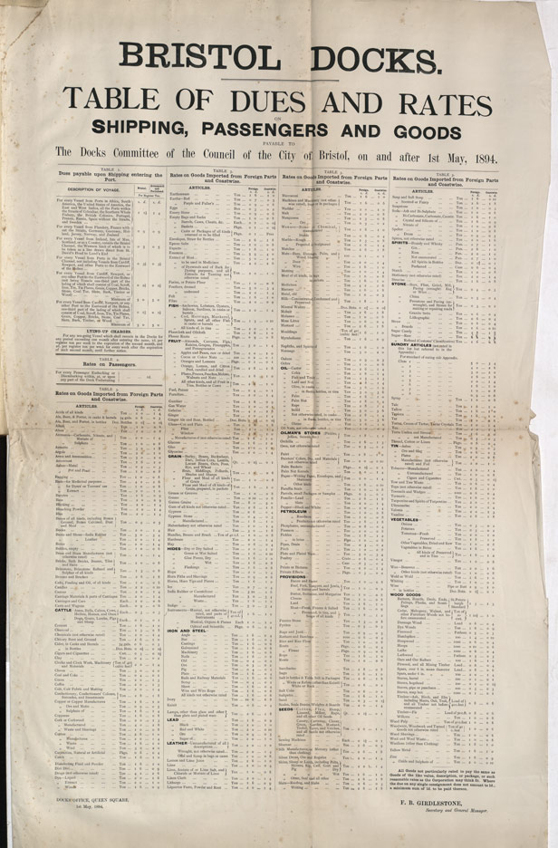 Bristol Docks Table of Dues and Rates