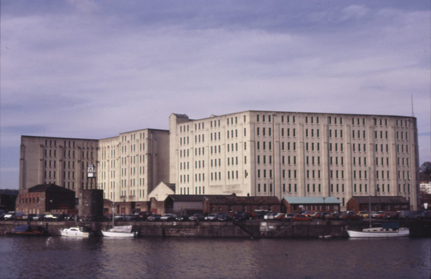 Huge concrete warehouses for tobacco on Canons Marsh