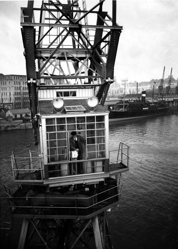 Cab of electric crane on Princes Wharf, 1952