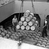Unloading barrels of fresh grapes from Spain, 1955