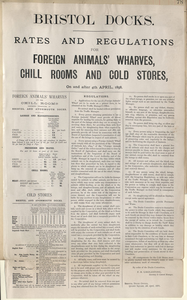 Bristol Docks Rates and Regulations for the Import of Foreign Animals