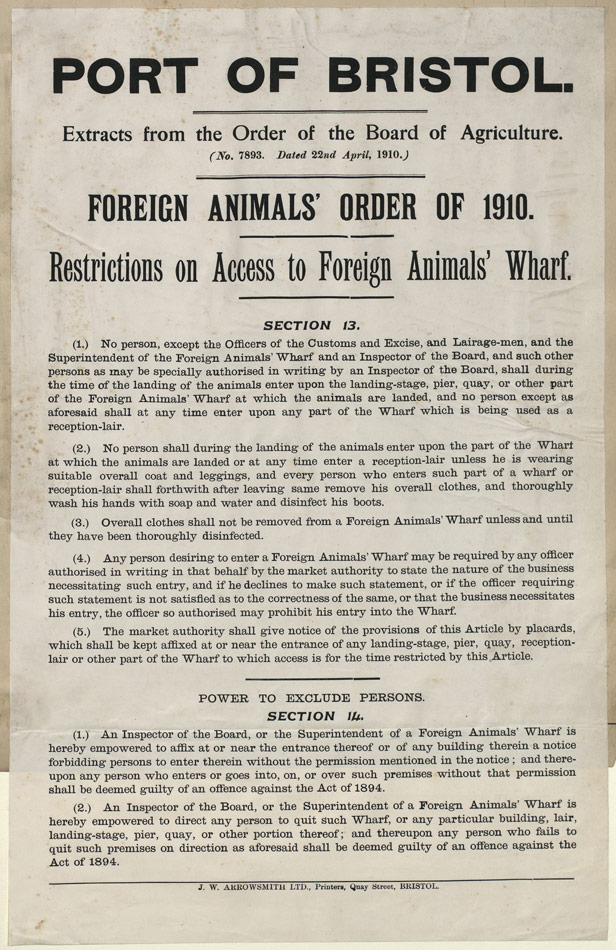 Port of Bristol Foreign Animals Order 1910